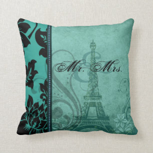Fleur de Paris teal Mr. & Mrs. Throw Pillow