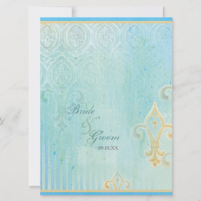Fleur di Lys Damask 2 Blue - Wedding Invitation (Front)