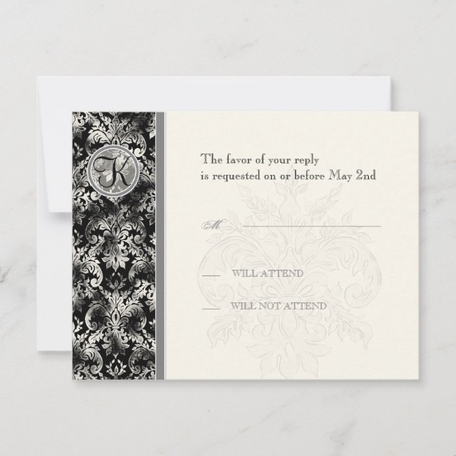 Fleur di Lys Damask - Black RSVP Response Card (Front)