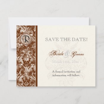 Fleur Di Lys Damask - Brown Save The Date Card by AudreyJeanne at Zazzle