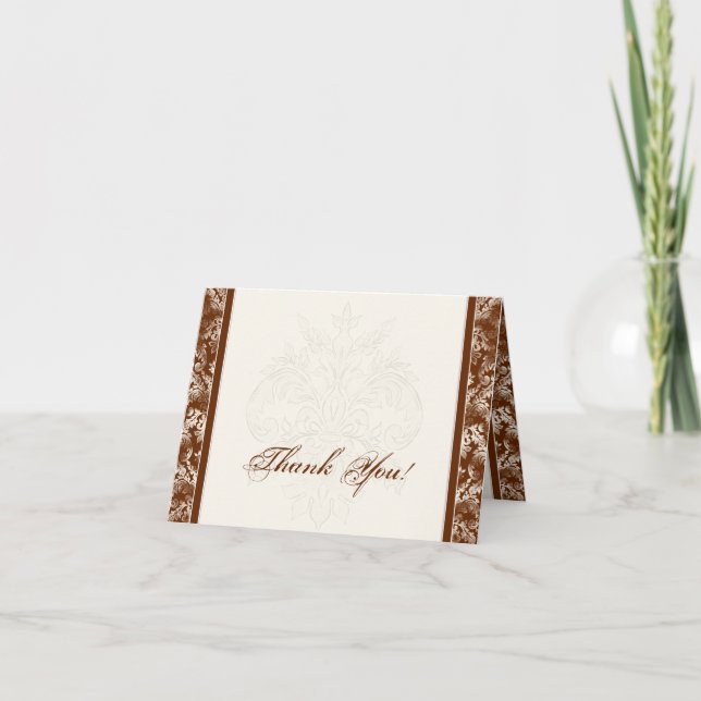 Fleur di Lys Damask - Brown Thank You Note Cards (Front)