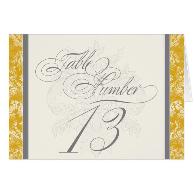 Fleur di Lys Damask Mustard Table Number 13 Cards (Front Horizontal)