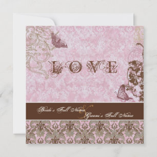 Fleur di Lys Damask Pink Brown Butterfly Wedding Invitation