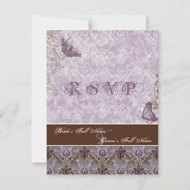 Fleur di Lys Damask - Purple RSVP Response Card (Front)