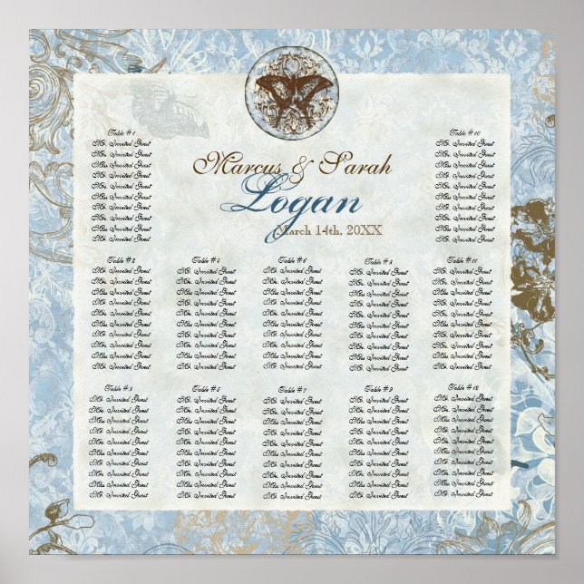 Fleur di Lys Damask  Reception Table Seating Chart (Front)