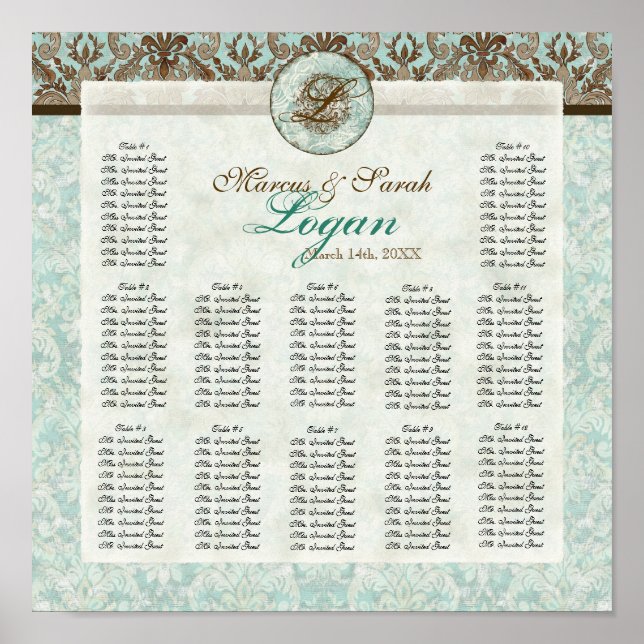 Fleur di Lys Damask Reception Table Seating Chart (Front)