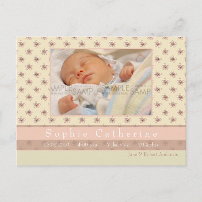 Fleur Pink/Rosy Brown • Birth Announcement Postcard (Front)