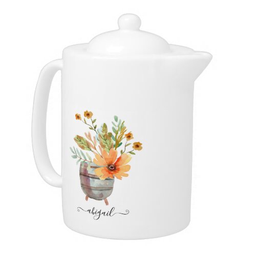 Fleur Sunrise Blush Watercolor Floral Custom Name Teapot