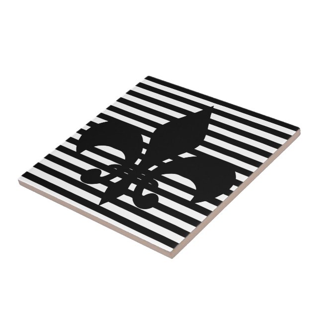 Fleurs-de-lis Black and White Striped Background Ceramic Tile (Side)