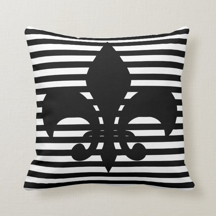 Fleurs de lis Black and White Striped Background Throw Pillows