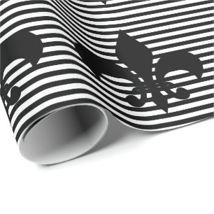 Fleurs-de-lis Black and White Striped Background Wrapping Paper