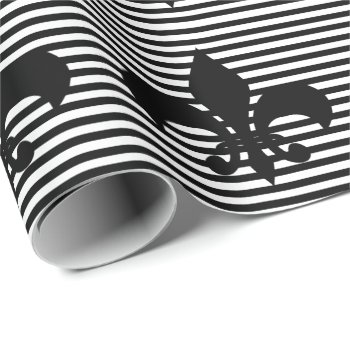 Fleurs-de-lis Black And White Striped Background Wrapping Paper by Ricaso_Designs at Zazzle