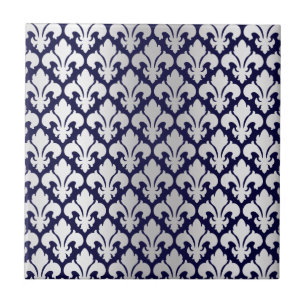 Fleurs-de-lys Silver and Blue Ceramic Tile