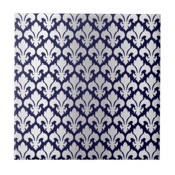 Fleurs-de-lys Silver And Blue Ceramic Tile by Hakonart at Zazzle