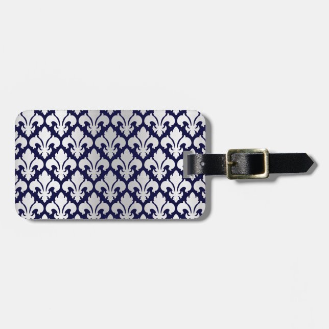 Fleurs-de-lys Silver and Blue Luggage Tag (Front Horizontal)