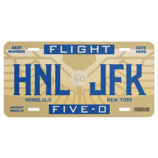 Flight 5-O (HAL50) HNL to JFK License Plate (Front)