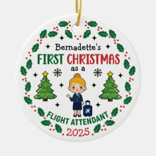 Flight Attendant First Christmas Personalized Ceramic Ornament