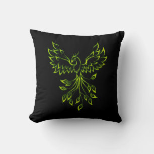 Flight of A Phoenix Green on Black Throw Pillow