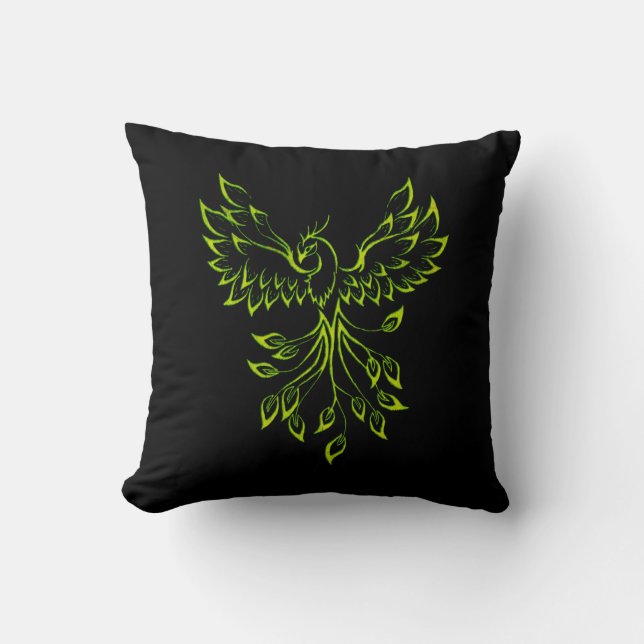 Flight of A Phoenix Green on Black Throw Pillow (Front)