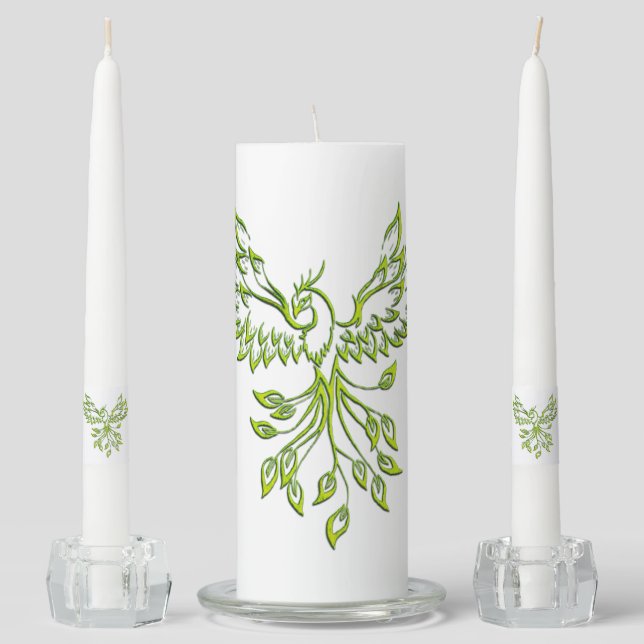 Flight of A Phoenix Green Unity Candle Set (Front)