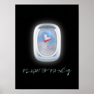 Flight of fancy-flying pig past an airplane window poster