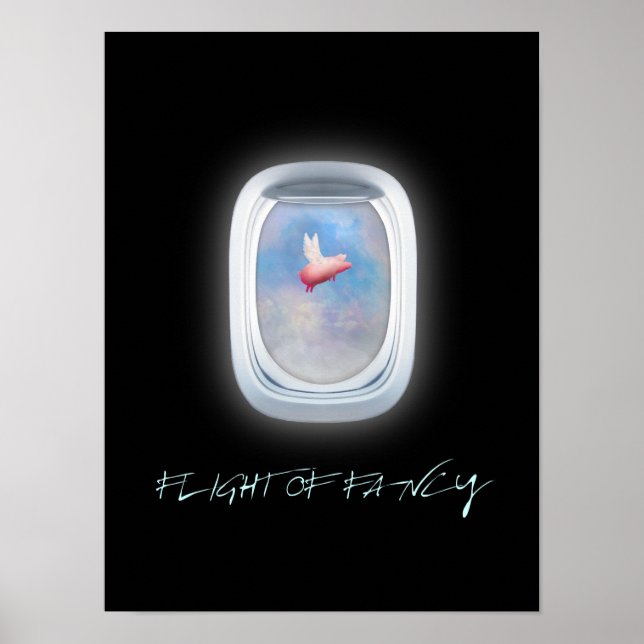 Flight of fancy-flying pig past an airplane window poster (Front)