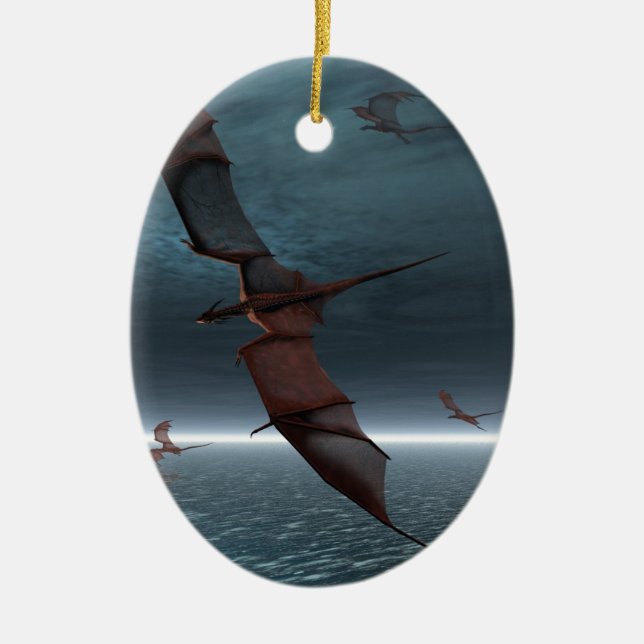 Flight of Red Dragons over the Sea Ceramic Ornament (Front)