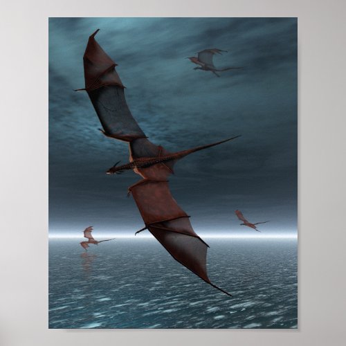 Flight of Red Dragons over the Sea Poster