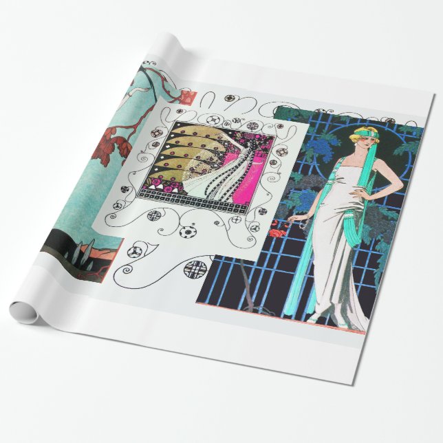 FLIGHTY BIRD / NIGHT ROSE ART DECO BEAUTY FASHION WRAPPING PAPER (Unrolled)