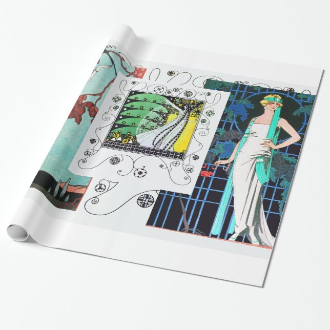 FLIGHTY BIRD / NIGHT ROSE ART DECO BEAUTY FASHION WRAPPING PAPER (Unrolled)