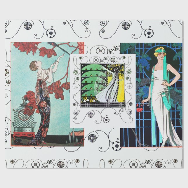 FLIGHTY BIRD / NIGHT ROSE ART DECO BEAUTY FASHION WRAPPING PAPER (Flat)