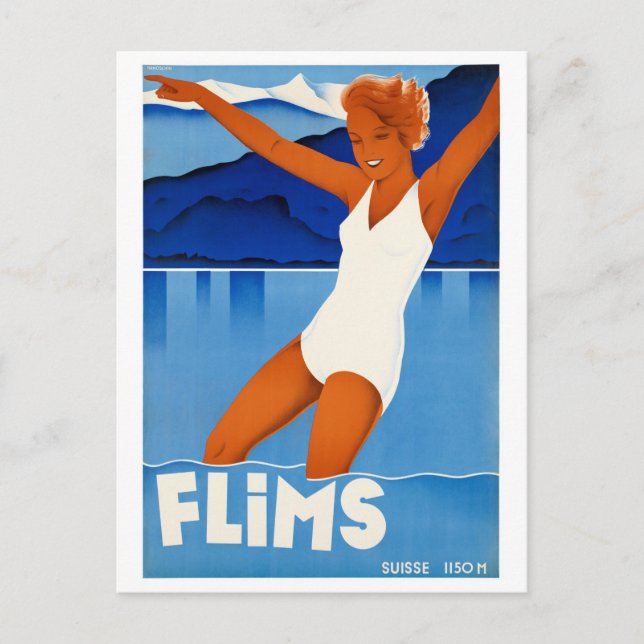 Flims Switzerland Vintage Travel Poster Restored Postcard (Front)