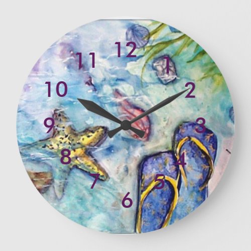 Flip Flop Beach Theme watercolor Large Clock