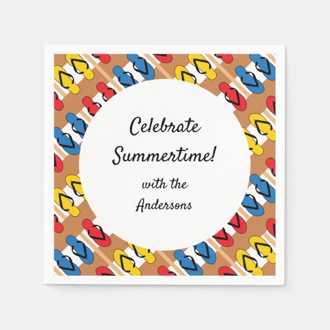 Flip Flop Primary Stripe Personalized Summer Party Napkins (Front)
