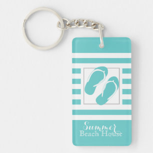 Flip Flops Aqua Stripe Beach House Keychain