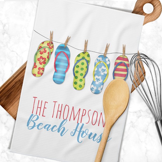 Flip Flops Colorful Personalized Beach House Kitchen Towel (Custom Beach house flip-flops towel.)