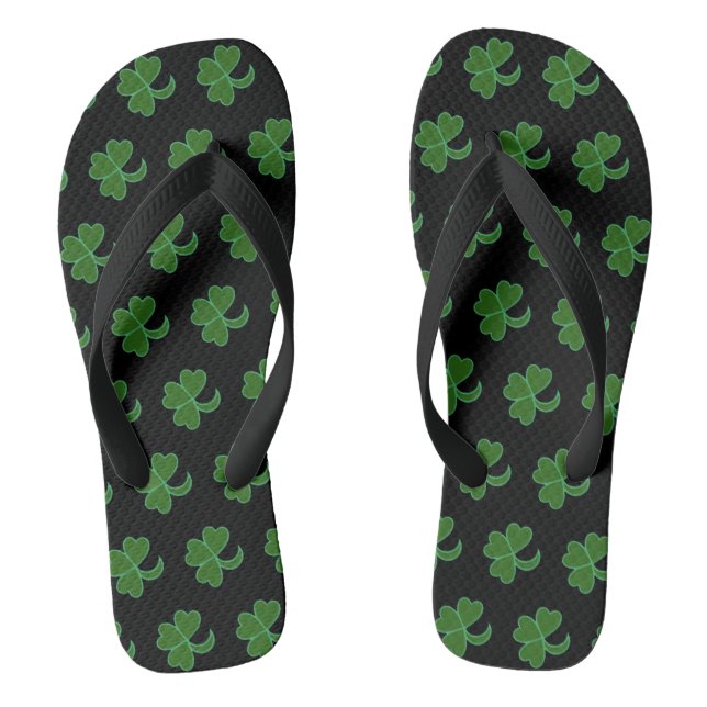Flip Flops - Green Clover Leaves on Black (Footbed)