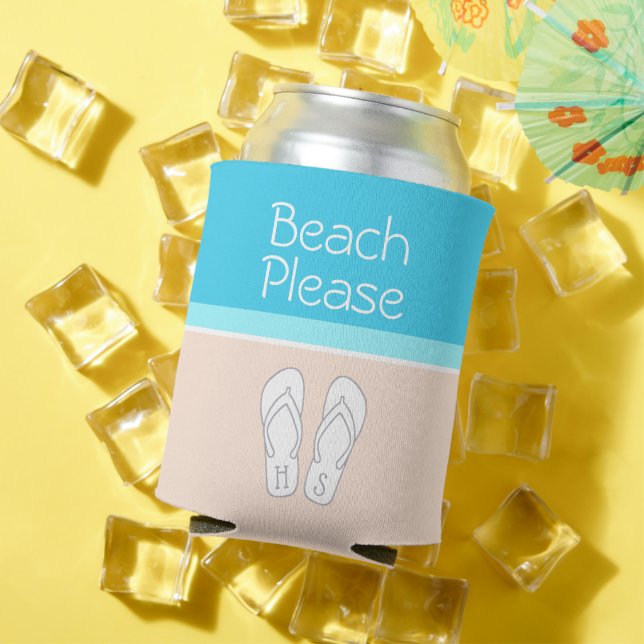 Flip Flops on Beach Cute Modern Monogrammed Can Cooler (In Situ Summer)