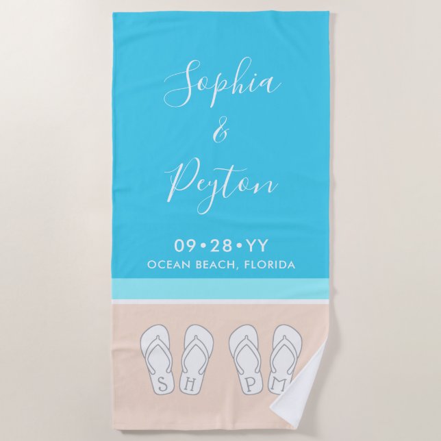 Flip Flops on Beach Cute Monogrammed Wedding Beach Towel (Front)