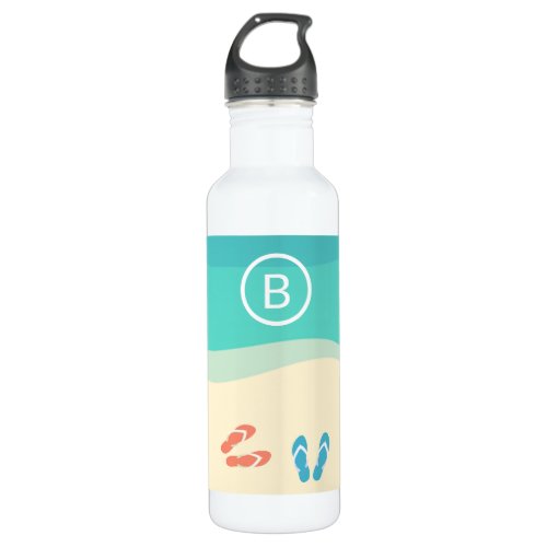 Flip Flops on Sandy Beach Minimalist Art Monogram Stainless Steel Water Bottle