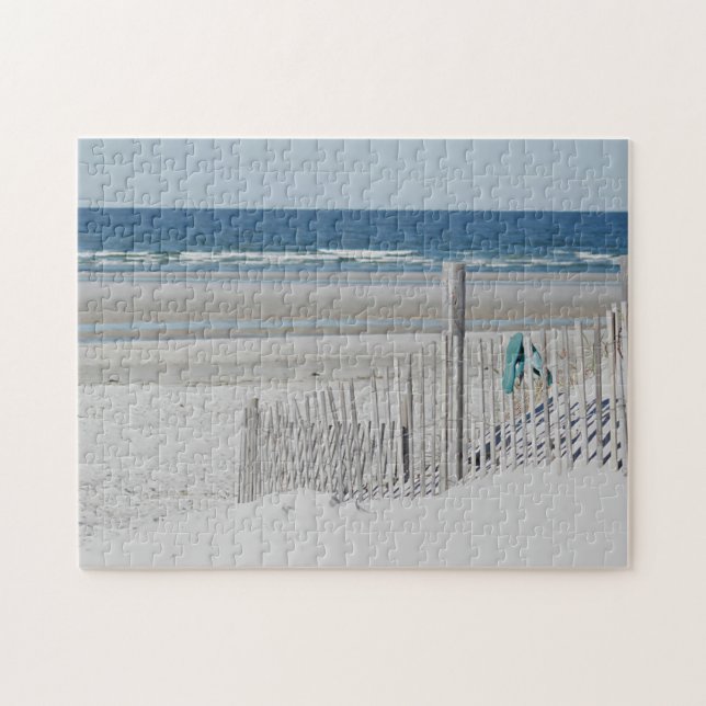 Flip flops on the beach fence jigsaw puzzle (Horizontal)