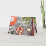 Flip Flops, Palm Tree, Christmas Lights Beach Holiday Card<br><div class="desc">This Warmest Wishes beach holiday greeting card features a cute pair of orange flip flops and sun hat. There are seashells and a watercolor palm tree decorated with Christmas tree string lights, all on a wooden background. Inside Greeting ~ "from my Holiday Paradise to yours... ". The greeting can be...</div>