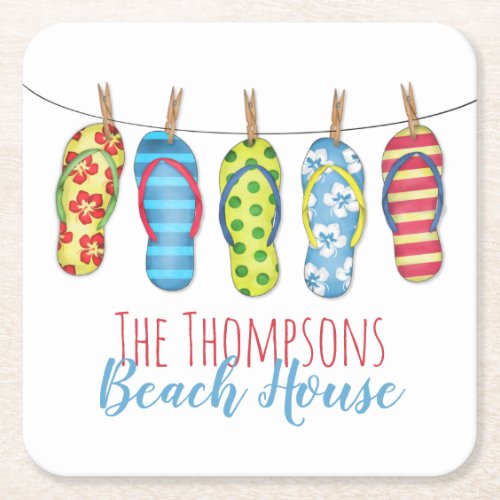 Flip Flops Personalized Whimsical Beach House Square Paper Coaster