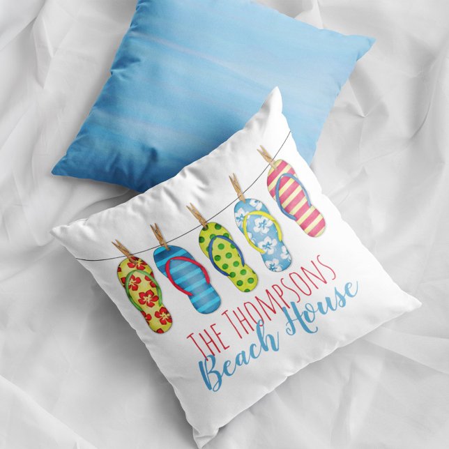 Flip Flops Personalized Whimsical Beach House Throw Pillow (Flip flops colorful throw pillow)
