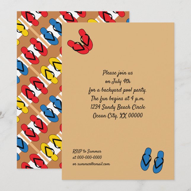 Flip Flops Primary Colors Stripes Summer Party Invitation (Front/Back)