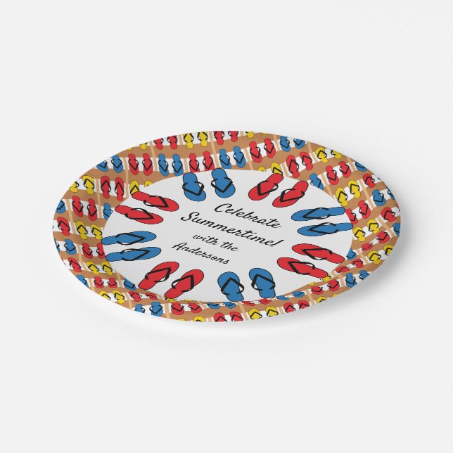 Flip Flops Primary Stripe Summer Party Personalize Paper Plates (Angled)
