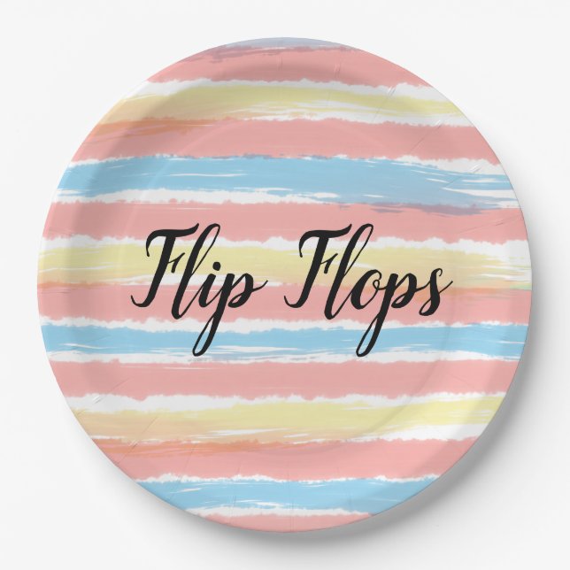 Flip Flops Typography Yellow Pink Blue Stripes Paper Plates (Front)