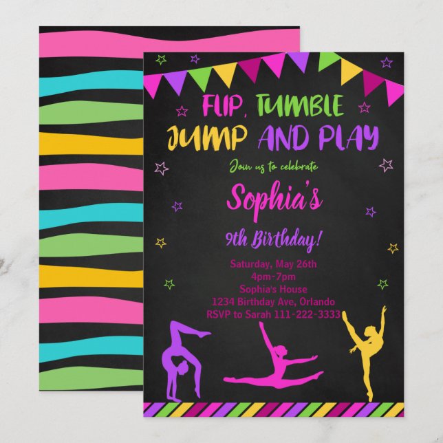 Flip Tumble Jump Gymnastic Black Birthday Invite (Front/Back)