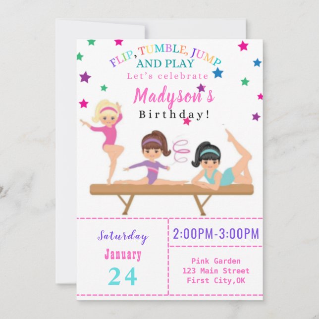 Flip, Tumble, Jump & Play Bday Invitation (Front)