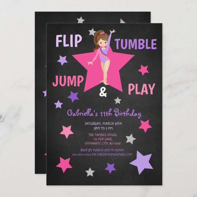 Flip, Tumble, Jump, & Play Gymnastics Birthday Invitation (Front/Back)